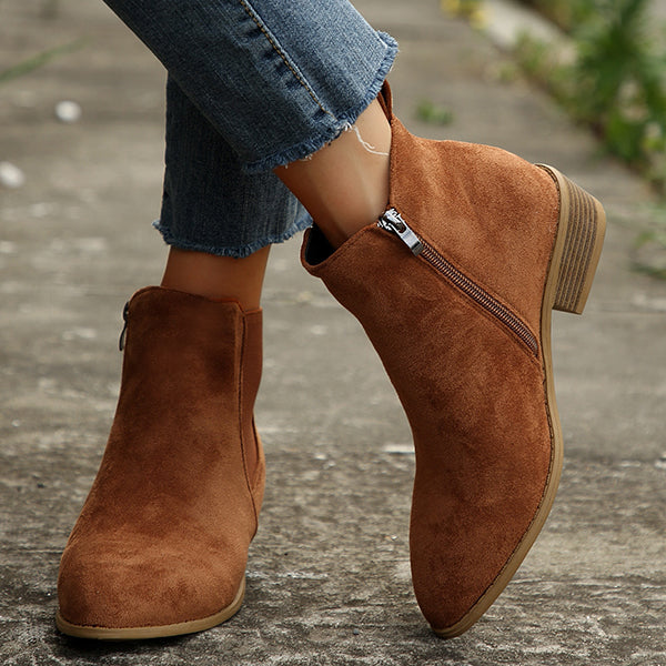 Womens Suede Zipper Side Pointed Thick Heel Boots